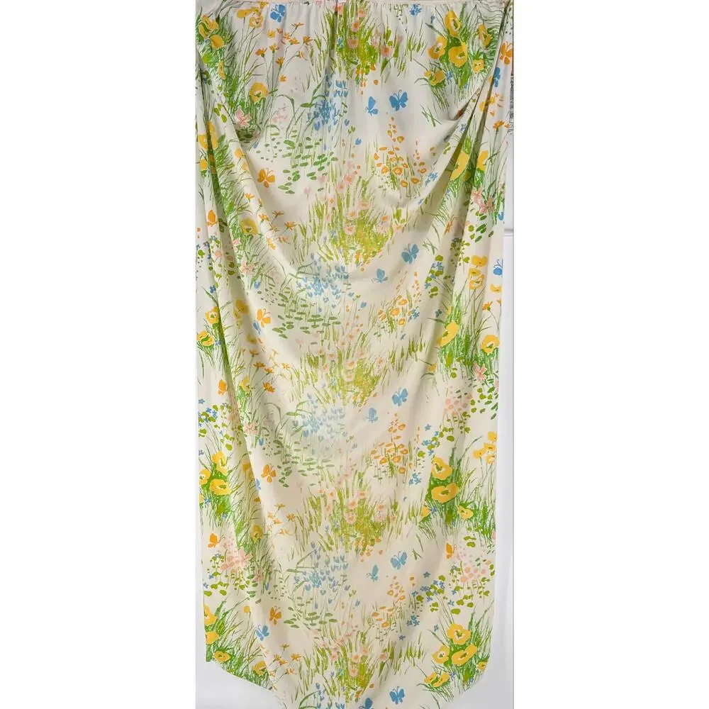 Vintage 70s Cottagecore Floral Butterfly Twin Fitted Sheet 1970s